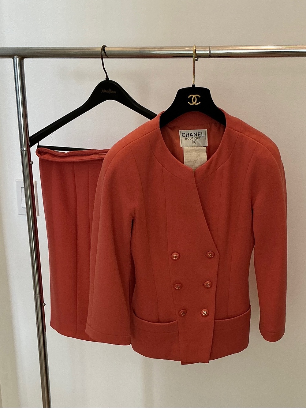 CHANEL Coral-Red Double-Breasted Wool Blazer and Skirt Set